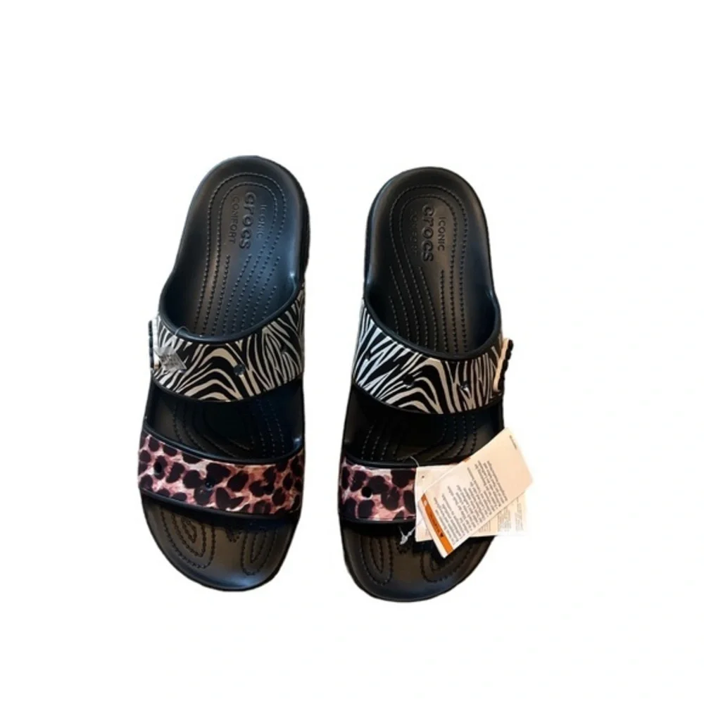 Crocs Classic Crocs Animal Remix Sandals‎ Unisex Black Multi Slides M 14 NEW